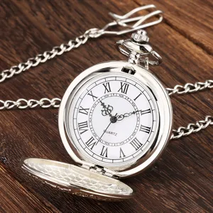 Detailed shot of a vintage silver quartz pocket watch with Roman numerals and long chain.