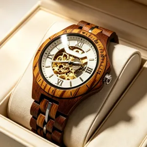 Close-up detail of wooden mechanical watch skeleton dial Roman numerals luxury wooden steel strap