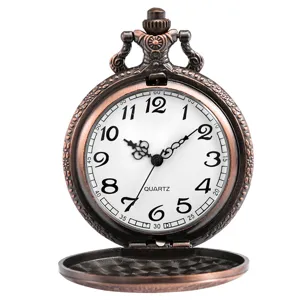 Classic bronze quartz pocket watch detail view featuring engraved cover and white dial.