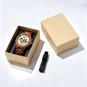 Wooden mechanical watch for men with skeleton movement and Roman numerals, stylish design.