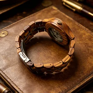 Wooden mechanical watch for men with wood stainless steel strap, hollow automatic movement.