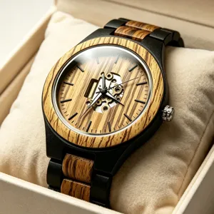 Wooden Watch For Men Casual Quartz Wristwatch Zebra Wood Hollow Dial Folding Clasp Business Fashion Gift