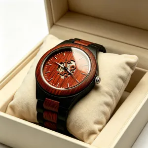 Wooden mechanical watch for men, hollow skeleton dial with luxury vintage wood grain style.