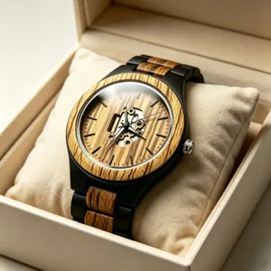 Men's wooden watch zebra wood skeleton mechanical quartz stylish wrist watch in gift box