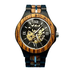 Wooden automatic mechanical watch for men with skeleton dial, Roman numerals and steel strap.