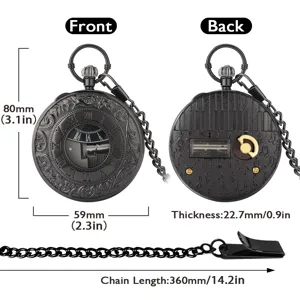 Vintage black music pocket watch quartz watch with piano keys design and chain details.