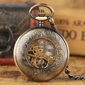 Vintage bronze pocket watch detail, hollow mechanical gear movement design closeup.