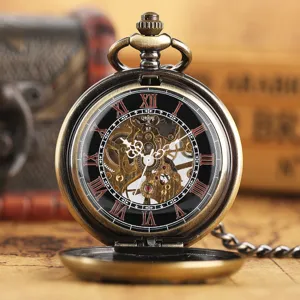 Vintage bronze skeleton mechanical pocket watch with Roman numerals and chain for men.