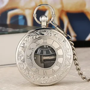 Vintage Mechanical Music Pocket Watch Hollow Train Swan Lake Castle in the Sky Quartz Pocket Watch With Chain