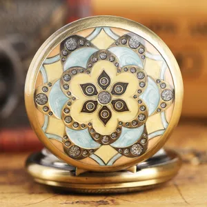 Vintage bronze mechanical pocket watch with enamel floral pattern, large size retro timepiece.
