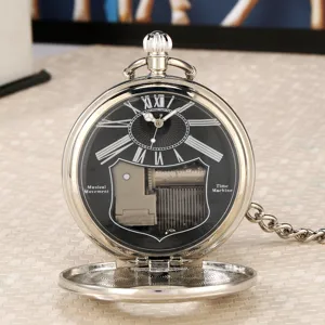 Vintage mechanical quartz pocket watch with music box movement, roman numerals and chain.