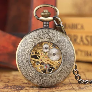 Vintage bronze mechanical pocket watch with hollow skeleton dial and retro carved floral case.