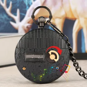 Vintage piano theme mechanical music pocket watch with retro black carved shell and display window.