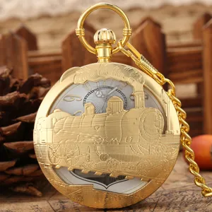 Vintage gold quartz pocket watch with steam train design and chain, retro antique gift item.