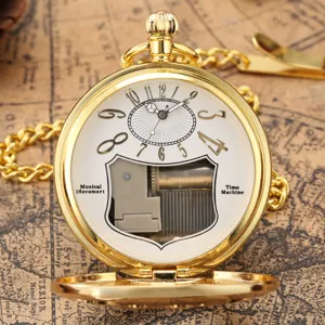 Vintage gold quartz pocket watch with visible mechanical music box movement and unique dial design.