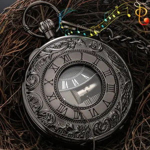 Vintage carved mechanical music pocket watch detail showing exquisite floral relief and dial numerals.