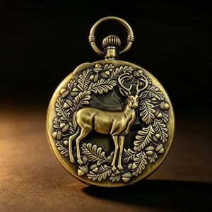Vintage Bronze Elk Music Pocket Watch Relief Oak Leaf Design Mechanical Pendant Gift