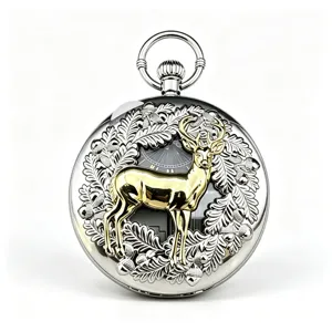 Vintage deer music box pocket watch retro silver pendant gift timepiece for collection