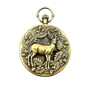 Vintage bronze carved elk pocket watch with exquisite mechanical music box design and pendant.