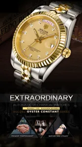 Vista dettagliata orologio quarzo uomo, quadrante oro, indici diamanti, lunetta scanalata.