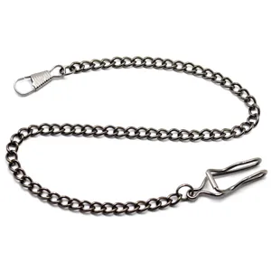 Vintage gunblack metal pocket watch chain with secure clips, durable retro accessory.