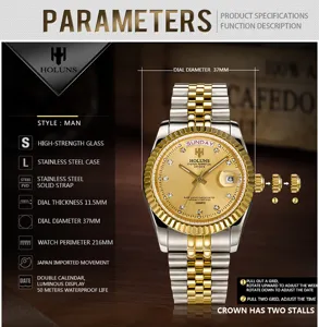 Holuns orologio uomo quarzo quadrante 37mm cinturino acciaio doppio calendario impermeabile