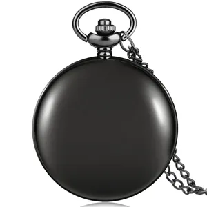 Classic black smooth quartz pocket watch with matching chain. Elegant vintage design accessory.