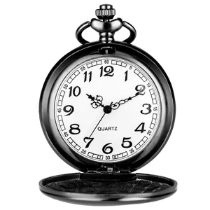 Classic vintage black quartz pocket watch featuring a clear white dial and arabic numerals.