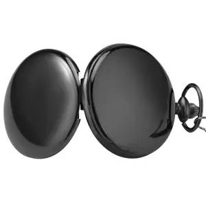 Classic retro black smooth quartz pocket watch with chain for men and women gift item.