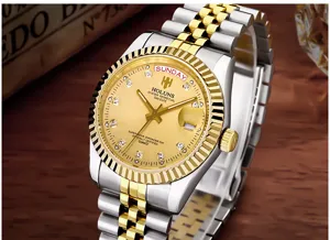 Orologio uomo quarzo bicolore lusso con quadrante dorato indici diamanti cinturino acciaio
