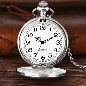 Classic retro silver quartz pocket watch with Arabic numerals, vintage necklace gift for men women