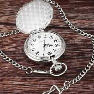 Vintage silver tone quartz pocket watch with long chain, white dial, Arabic numerals.