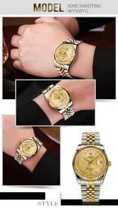 Orologio uomo al quarzo bicolore con quadrante dorato e bracciale in acciaio.