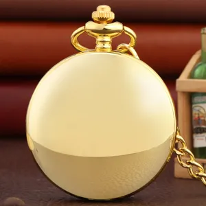Classic smooth gold quartz pocket watch close-up, elegant vintage necklace gift design.