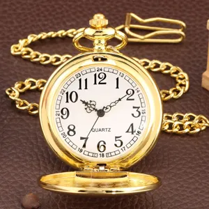 Vintage gold pocket watch with chain, quartz movement and clear dial numbers for daily use.
