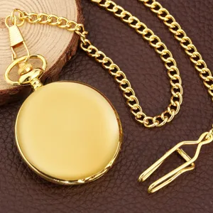 Classic vintage gold quartz pocket watch with chain and clip, smooth double-sided design.