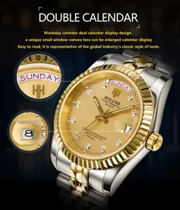 Orologio Uomo Quarzo Bicolore Oro e Argento Lunetta Scanalata Giorno Data con Strass