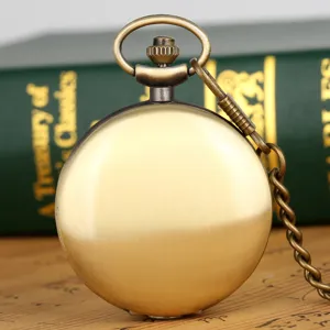 Classic retro bronze quartz pocket watch with chain, smooth surface design, ideal gift choice.