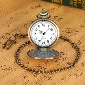 Detailed close-up of a vintage bronze quartz pocket watch with delicate chain on retro musical background.