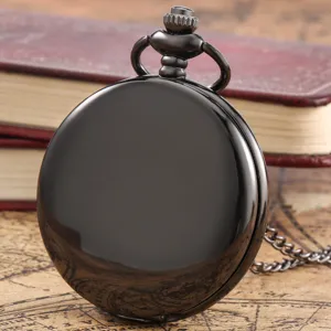 Classic vintage black quartz pocket watch with chain for men and women retro necklace gift.