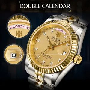 Orologio uomo al quarzo acciaio inossidabile bicolore quadrante oro lusso orologio.