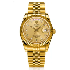 Orologio uomo quarzo oro Holuns lusso business casual con display calendario e cristalli.