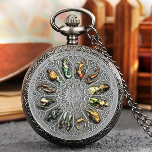 Vintage quartz pocket watch with twelve constellations dial and antique silver chain.