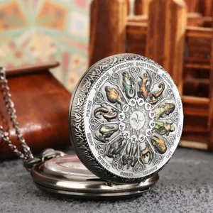 Vintage quartz pocket watch detail featuring a delicate 12 zodiac colorful relief dial face.