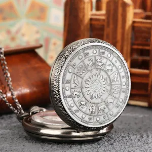 Vintage quartz pocket watch with zodiac constellation design, detailed retro carved cover.