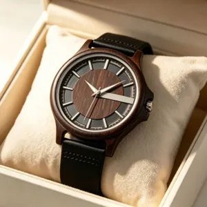 Men's wooden quartz watch with black leather strap and wooden dial details in gift box.