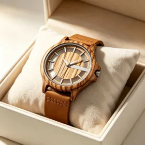 Wooden quartz watch for men with transparent dial and brown leather strap in open gift box.