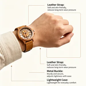 Wooden quartz watch for men with genuine leather strap, lightweight case and hollow dial.
