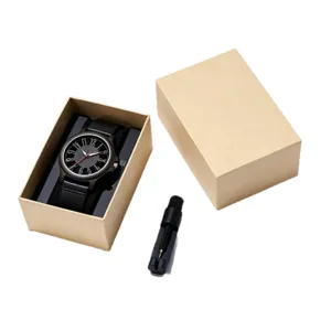 Mens wooden quartz watch with black leather strap and gift box set main display item