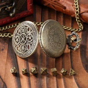 Ρολόι τσέπης steampunk με γρανάζια και σετ μεταλλικά ζάρια DND ρετρό μπρούτζινο κόσμημα